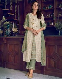 Off White Pure Art Silk Pant Salwar Suits White Embroidery With Print Work:Arabic Attire Diwali Dresses, Off White Designer, Off White Pants, Off White Jacket, Look Festival, Trouser Suit, Dusty Green, Cotton Dupatta, Silk Bottoms