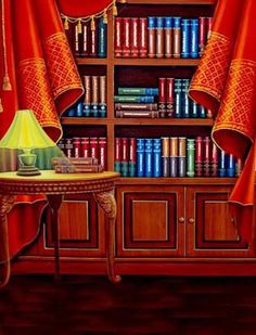 a painting of a room with bookshelves and a lamp