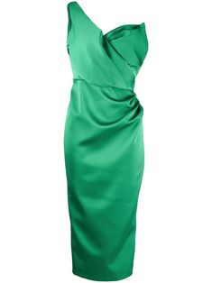 Green Sleeveless Satin Dress For Formal Occasions, Green Ruched Bodice Midi Dress For Evening, Green Midi Dress With Ruched Bodice For Evening, One-shoulder Ruched Bodice Midi Dress For Cocktail, Green Draped Satin Dress, Elegant Green Midi Dress With Ruched Bodice, Green Knee-length Satin Party Dress, Green Sleeveless Satin Dress, Sleeveless Satin One Shoulder Cocktail Dress