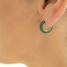 Gold filled 15mm width Jade green micro pave huggie earrings Lead and nickel free Green Small Hoop Huggie Earrings For May Birthstone, Green Earrings With Pave Setting As A Gift, Green Huggie Earrings For May Birthstone, Green Round Earrings With Pave Setting, Green Round Huggie Earrings As Gift, Green Hypoallergenic Small Hoop Huggie Earrings, Green Round Huggie Earrings For Gifts, Hypoallergenic Green Small Hoop Huggie Earrings, Hypoallergenic Small Green Huggie Earrings