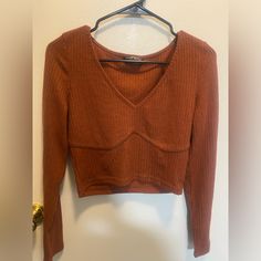 Preowned By Seller Never Worn Size L But Fits More Like A Small Brown V-neck Crop Top For Fall, Fitted V-neck T-shirt For Fall, Brown Cropped Top For Fall, Brown Ribbed Cropped Top, Trendy Brown V-neck Top, Cropped Tee, Shein Tops, Crop Tee, Womens Tops