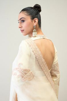 Dutch white saree with light golden embroidery in paisley butta pattern and scallop border. Paired with embroidered unstitched blouse piece. - Aza Fashions Elegant Chanderi Choli For Transitional Season, Raw Silk Blouse For Wedding And Eid, Festive Pre-draped Cotton Silk Saree With Intricate Embroidery, Semi-stitched Wedding Blouse With Chikankari Embroidery, Elegant Chanderi Sets With Unstitched Blouse, Elegant Pre-draped Saree With Chikankari For Festive Occasions, Eid Wedding Blouse With Intricate Embroidery, Wedding Eid Blouse With Intricate Embroidery, Elegant Chanderi Choli With Cutdana