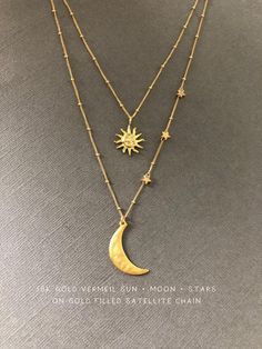 Gold Moon and Sun Gold layering necklaces, Sun necklace, Celestial jewelry, Dainty Gold layering necklaces, Gift for women, Anniversary gift * CELESTIAL TRIO NECKLACE * Our Sun, Moon, and Stars Necklace is a beautiful representation of the captivating celestial bodies. The sun is known to symbolize vitality and energy, while the moon is often associated with mystery and intuition, and the stars with hope and guidance. Wearing this necklace is a stunning way to express your spirituality and connect with the universe  *Moon charm measures approx. 15mm x 20mm *Star charm measures approx. 4mm -------------------------------------------------------------------------------------- ** MATERIALS ** - 18K Gold Vermeil Moon + Sun + Stars - 18K Gold Vermeil Satellite Chain + Clasps ------------------- Moon And Star Necklace, Sun And Moon Necklace, Good Luck Necklace, Friendship Necklace, Dainty Diamond Necklace, Mother Daughter Necklace, Necklace Moon, Star Charm Necklace, Moon And Sun