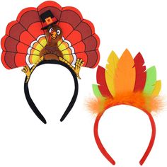 two thanksgiving turkey headbands on top of each other, one wearing a turkey hat