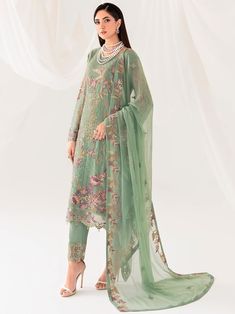 Brand: RamshaCollection: Rangoon Volume 10 Luxury Chiffon CollectionFabric: Chiffon Embroidered Chiffon front with sequins Embroidered Chiffon back Embroidered Chiffon sleeves with pasting Embroidered organza sleeves lace Embroidered organza ghera lace Embroidered Chiffon dupatta – 2.5 Meter Raw silk trouser – 2.5 Meter Embroidered organza trouser lace Ramsha Rangoon Vol-10 Unstitched Luxury Chiffon Collection Authenticity Guaranteed – 100% Original Brand. 3 Days Return Policy T&C apply. Interna Party Wear Churidar With Intricate Embroidery, Eid Georgette Sets With Floral Embroidery, Eid Sets With Floral Embroidery In Georgette, Eid Party Wear Sets With Floral Embroidery, Green Lawn Suit With Dupatta In Georgette, Designer Pista Green Georgette Lawn Suit, Designer Georgette Lawn Suit In Pista Green, Unstitched Pista Green Lawn Suit In Georgette, Unstitched Chiffon Suit With Dabka Work