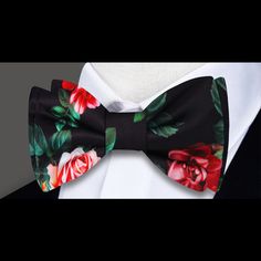 A Black Background with Red Roses and Green Petals Silk Self Tie Bow Tie Elegant Summer Bow For Gifts, Elegant Spring Bow Tie With Butterfly Knot, Elegant Spring Bow Tie Back Ties, Elegant Summer Bow With Butterfly Knot, Spring Party Bow With Ties, Spring Bow Ties For Party, Elegant Bow Tie For Spring Gifts, Spring Black Tie Satin Bow, Elegant Spring Bow With Ties