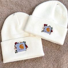 Hand Embroidered Carhartt watch hat- Acrylic beanies MADE TO ORDER Toddler size and colors listed are available now ready for orders.  Any other color or size will need to be  ordered for you! Please allow extended processing time as other sizes and colors will need to be purchased after consultation for your order.  Please send me a message to consult color, size and embroidery pattern.  Colors for floral patterns can also be custom! select custom in pattern selection and optional personalization, in addition to messaging me with your request. Name personalization is not offered Casual Adjustable Beanie With Embroidered Logo, Casual White Beanie As Gift, Toddler Carhartt Beanie, Carhart Hat, Carhart Beanie, Toddler Carhartt, Carhartt Beanies, Embroidered Carhartt, Carhartt Hat