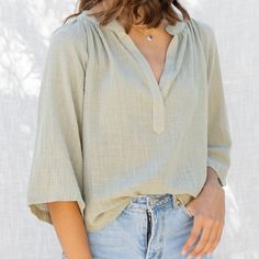 Beautiful Sage Green Blouse. Light & Airy, Perfect For Summer Weather! Solid Bohemian V-neck Blouse, Flowy Cotton V-neck Blouse, Fall Vacation Blouse With Split Neck, Chic Flowy Blouse With Split Neck, Chic Flowy Split Neck Blouse, Fall Vacation Split Neck Blouse, Split Neck Blouse For Fall Vacation, Casual Green Split Neck Top, Flowy Casual Blouse