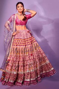 Shop for Maayera Jaipur Pink Spun Silk Noorbagh Floral Print Lehenga Set for Women Online at Aza Fashions Floral Print Lehenga, Tiered Lehenga, Print Lehenga, Latest Bridal Lehenga, Cotton Lehenga, Lehenga Style, Print Embroidery, Textile Pattern Design, Embroidery Floral