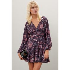 Purple floral crepe de chine (100% Polyester). Hourglass. Long sleeves. V-neck. Back zipper closure. 33.5" from shoulder to hemline. Imported. Strappy Shoes, Vintage Fall, Rent The Runway, Closet Designs, Fall Floral, Printed Mini Dress, Purple Floral, Floral Printed, Wrap Dress