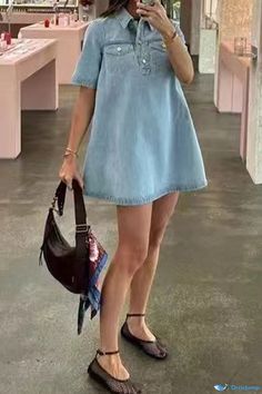 OrcaJump - Loose-Fit A-Line Dress with Casual Flair Loose Denim Dress, Short Sleeve Denim Dress, Denim Style Casual, Short Sleeve Suit, Winter Mini Dresses, Suit Type, Loose Clothing, Two Piece Jumpsuit, Denim Dresses