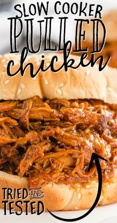 slow cooker pulled chicken on a bun with text overlay