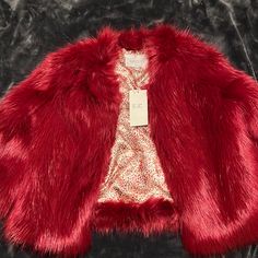 Never Worn Tags On Faux Fur Coat, So Much Fun Red Fur Coat With Faux Fur Trim For Fall, Red Faux Fur Coat For Fall, Red Faux Fur Outerwear For Fall, Red Faux Fur-lined Outerwear For Fall, Red Faux Fur Lined Outerwear For Fall, Red Faux Fur Long Sleeve Outerwear, Red Fall Outerwear With Faux Fur Lining, Chic Red Fur Coat For Fall, Red Long Sleeve Fur Coat For Fall