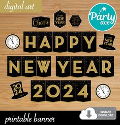 happy new year banner with clock and top hat on wooden background for party or celebration