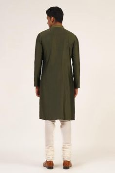 Olive full sleeve draped kurta with pintuck detailing and thread embroidered neckline. Paired with pant cut pyjama. - Aza Fashions Fitted Long Sleeve Kurta With Dabka Detailing, Fitted Long Sleeve Kurta For Eid, Elegant Cotton Silk Sherwani With Long Sleeves, Fitted Long Sleeve Kurta For Fall, Elegant Cotton Silk Long Sleeve Sherwani, Festive Long Sleeve Fitted Kurta, Unstitched Long Sleeve Kurta For Winter, Fitted Green Kurta For Winter, Elegant Cotton Bandhgala With Long Sleeves