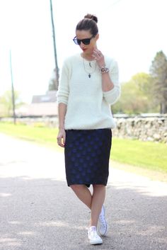 POLKA DOT PENCIL SKIRT  and converse sneakers | Prosecco & Plaid | brahmin all day tote | westward leaning sunglasses Polka Dot Pencil Skirt, Nike Spandex, Air Max Women, Converse Sneakers, Nike Fashion, Kirby, Black N Yellow, Chuck Taylors, Nike Free