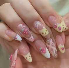 Nails With Pink, Full Cover Nail Tips, Almond Press On Nails, Strawberry Bear, Nails Cute, Pink Strawberry