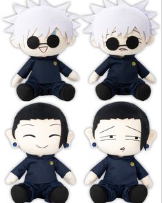 four different stuffed animals with black eyes and white hair