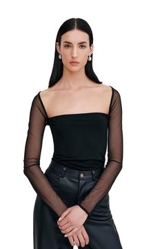 Sheer mesh sleeves frame a soft jersey bodice on this modern and elegant top completed by a wide square neckline that shows off your décolletage. Square neck Long sleeves 96% Tencel® lyocell, 4% elastane with 95% polyester, 5% elastane contrast Tencel lyocell is a more-sustainably produced fiber made with closed-loop processing Machine wash, dry flat Imported Fitted Off-shoulder Mesh Top For Night Out, Summer Evening Top With Sheer Bodice, Fitted Tops With Sheer Bodice For Spring, Fitted Elegant Mesh Top With Sheer Bodice, Elegant Fitted Mesh Top With Sheer Bodice, Modern Stretch Tops For Party, Modern Stretch Tops With Square Neck, Fitted Off-shoulder Mesh Top For Party, Elegant Sheer Bodice Top For Summer