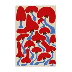 an abstract painting with red, blue and white shapes