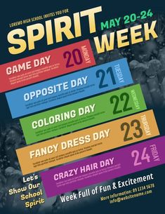 a poster with the words spirit week in different colors and font on it, including numbers