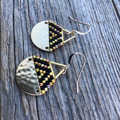 Stitch Jewelry, Black Iris, Hammered Brass, Earring Ideas, Gold Stripes, Brick Stitch, Bead Earrings, Sensitive Ears, Gorgeous Earrings