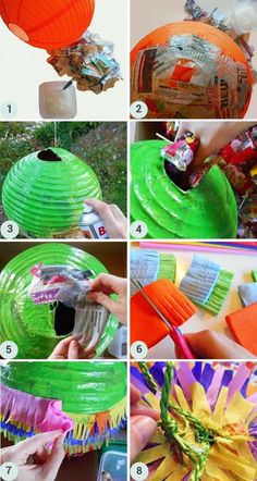 the steps to make a paper lantern with construction paper and tissue pom poms