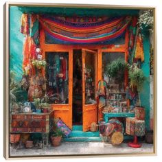 a painting of a store front with lots of colorful items on the outside and inside