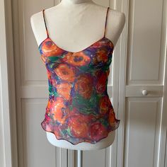 Pretty C&A Sheer Polyester Floral Print Camisole, Feather Weight. (Never Worn). Us Size 6-8, Euro Size 40. Chest 34" To 36". Purchased In France, Made In Italy. Floral Camisole, Green Orange, Green And Orange, Floral Print, Floral Prints, In Italy, Womens Tops, Size 6, Italy