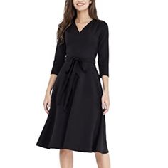 Vilonna Women's Elegant Modest 3/4 Sleeve V Neck Belted Semi Formal Midi Dress With Pockets. Size Small (Uk 36). New With Tags, Never Worn. A-Line Fit And Flare. Soft, Breathable, Flowy And Very Comfortable. Best 3/4 Sleeve Knee Length Dress For Stylish Women Who Love Simple And Comfy. Fabric: 50% Viscose, 40% Polyester, 10% Lycra. Black Spring Dresses 3/4 Length, Black 3/4 Length Spring Dresses, Black Midi Dress With 3/4 Sleeves For Office, Black Midi Dress For Spring, Black Chic Midi Dress 3/4 Length, Chic Black Midi Dress 3/4 Length, Black Fitted 3/4 Length Dresses, Black Fitted Midi Dress 3/4 Length, Spring Office Midi Dress 3/4 Length