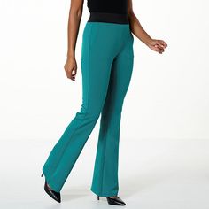 DG2 by Diane Gilman Ponte Knit Pull-On High Rise Flare Pant  Low maintenance, high fashion. Made from a soft, stretch ponte structured knit fabric, these flattering, flared bootcut pants bring effortless sophistication to your wardrobe. Green 4-way Stretch Elastane Pants, Stretch Elastane Trousers, Stretch Elastane Straight Pants, Full Length Stretch Workwear Pants, Green Stretch Elastane Pants, Stretch Full-length Office Pants, Green Elastane Pants With 4-way Stretch, Versatile Stretch Dress Trousers, High Stretch Elastane Trousers