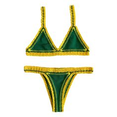 Discover the essence of sun and fun with our magnificent "Brazil" swimsuit! Immerse yourself in the tropical freshness of this woven design, merging the lushness of green with the vitality of yellow. This swimsuit is not just an outfit; it's a style statement that captures the vibrant energy of Brazilian beaches. Tropical Green Swimwear, Lime Green Swimwear For Summer, Tropical Green Swimwear For Swimming, Green Beachy Swimwear For Sunbathing, Beachy Green Swimwear For Sunbathing, Green Swimwear For Pool And Beach Season, Green Tropical Swimwear For Festival, Green Swimwear For Summer Poolside, Green Summer Swimwear For Poolside