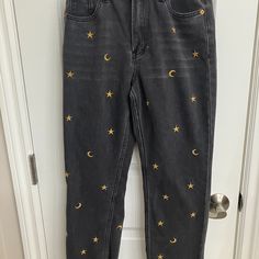 S.O.N.G. Timeless Fit Denim, Faded Black, Stars And Moons Gold Embroidery, 27" Ankle Length, Raw Hem, Comfort Fit Through Hip And Thigh, Straight Cut From Hip To Hem, Nwot Black Jean Embroidery, Black Jeans Embroidery, Stars And Moons, Black Stars, Star Embroidery, Gold Embroidery, Black Star, Straight Cut, Stars And Moon