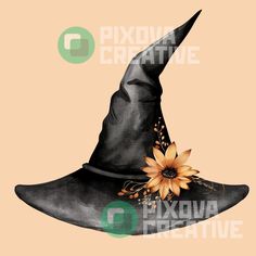 a black witches hat with a flower on the brim is featured against a peach background