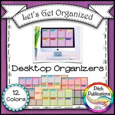 a desktop computer with lots of colorful sticky notes on the front and back cover, which reads let's get organized