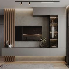 a living room with a large tv on the wall and wooden shelves in front of it