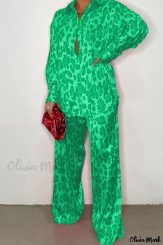 Olivia Mark - Elegant Urban-Style Green Leopard Patchwork Two-Piece Set with Buckle Closure and Turndown Collar Green Long Sleeve Sets For Vacation, Green Two Piece, Red Two Piece, Red Streetwear, Purple And Gold Dress, Hot Jumpsuits, Green Street, Two Piece Pants Set, Red Dress Short