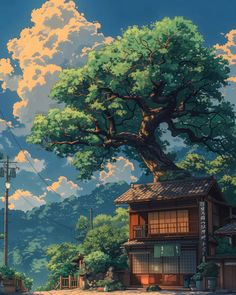 a painting of a tree in the middle of a rural area with houses and power lines