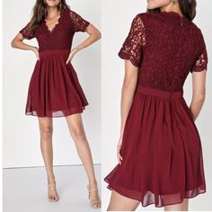 New With Tag Lulus Angel Disguise Burgundy Lace Skater Dress Deep Red Size Medium Shell: 100% Polyester. Contrast: 100% Polyester. Lining: 100% Polyester. Hand Wash Cold. Do Not Bleach. Line Dry. Iron Low Heat. Lined. Works Best For A To C Cup Sizes - Consider Sizing Up For Fuller Bust. Waist Fitted - Very Fitted At Natural Waist. Hip Not Fitted - Room For Hips. Undergarments May Be Worn With Any Standard Bra. Fabric Has No Stretch. Length Mid-Thigh. Measures Approximately 35.5" From Shoulder To Lace Skater Dress, Burgundy Lace, Cup Sizes, C Cup, Skater Dress, Deep Red, Bleach, Hand Wash, Size Medium