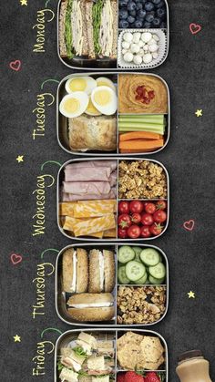 an open lunch box with sandwiches, fruits and vegetables in it on a chalkboard background