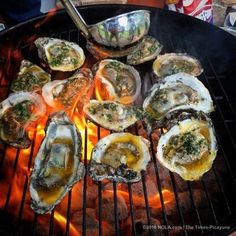 several oysters on the grill being cooked