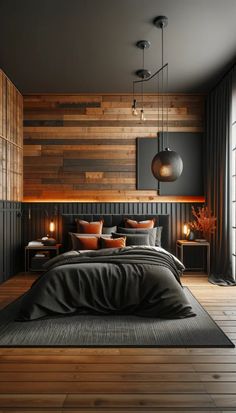 a bedroom with wood paneled walls and black bedding, along with two lamps on either side of the bed