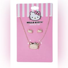 Nwt Hello Kitty Matching Necklace And Earrings Set Trendy Cat Design Jewelry For Gift, Trendy Cat Design Jewelry Gift, Trendy Cat Design Jewelry For Party, Trendy Cat Design Jewelry For Parties, Cute Metal Jewelry With Cat Design, Gold Jewelry With Cat Design For Party, Jewelry Hello Kitty, Hello Kitty Matching, Sanrio Jewelry