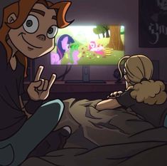 an animated image of a person laying in bed and pointing to the tv screen with pony ponies on it