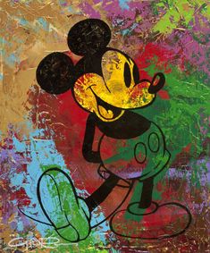 a painting of mickey mouse with paint splattered on it