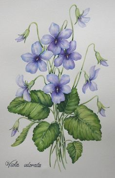 a painting of blue flowers with green leaves