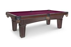 a brown pool table with purple cloth on the top and two gold chains at the bottom