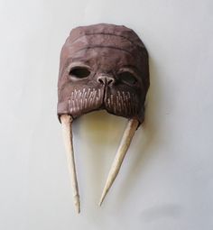 Walrus Mask, Alice in Wonderland, unique mask, sea creature, paper mache, by ArtisanMasks on Etsy Carboard Mask, How To Make A Mask Out Of Paper, Paper Mache Mask Diy, Clay Mask Ideas, Alice In Wonderland Makeup, Wonderland Makeup, Cardboard Mask, Wonderland Events, Paper Mache Mask