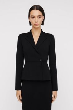 CREPE KNIT TAILORED JACKET-BLACK - Scanlan Theodore Female Manager, Scanlan Theodore, Tailored Jacket, Knit Jacket, Timeless Beauty, Single Breasted, Peplum Dress, Contemporary Design, Work Wear