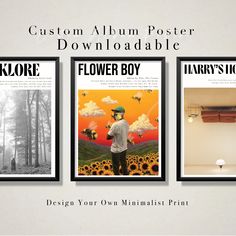 three posters are hanging on the wall in front of a white background with sunflowers